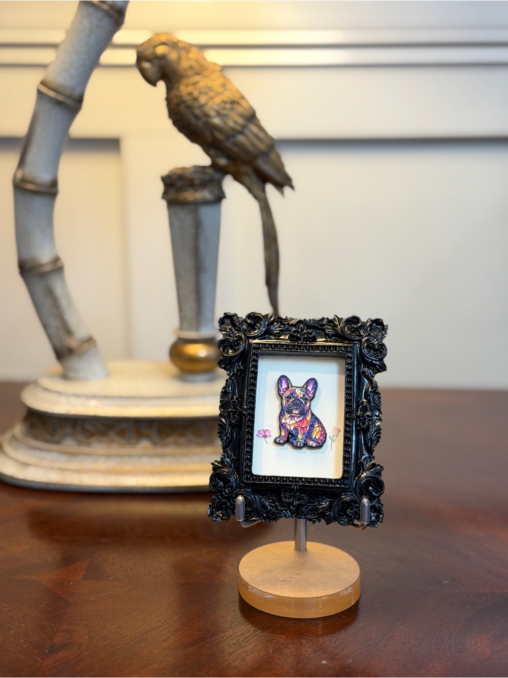 Mini Framed French Bulldog Art • Ornate Black Frame • Includes Easel & Magnet - Picture 5 of 5